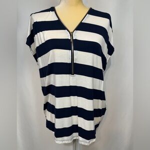 Dark Blue and White Striped Short Sleeve Blouse Small